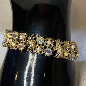 Vintage 1960’s Aurora Borealis Rhinestone & Faux Pearl Book Chain Bracelet